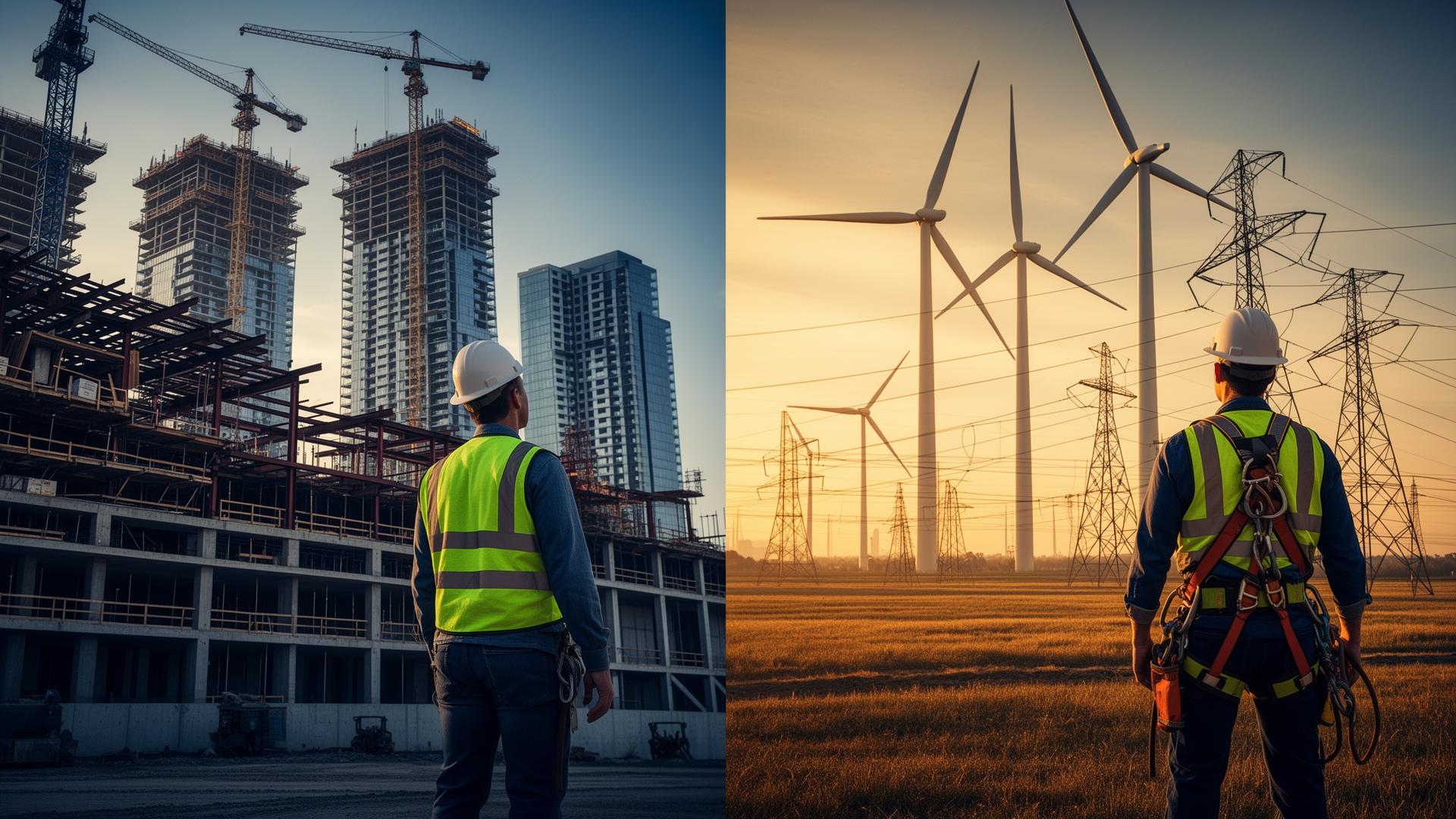 American worker on a construction site at sunrise